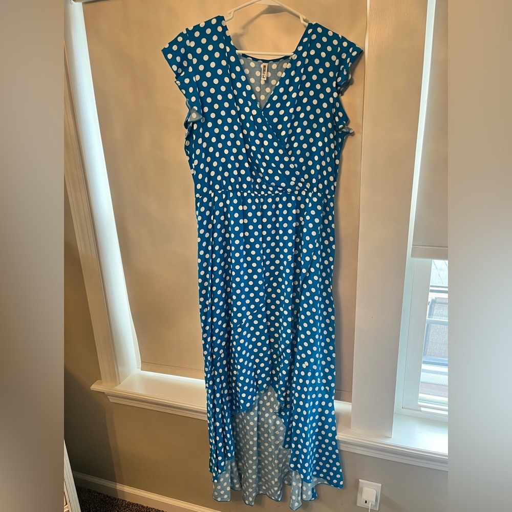 Blue Polka Dot Surplice High-Low Dress